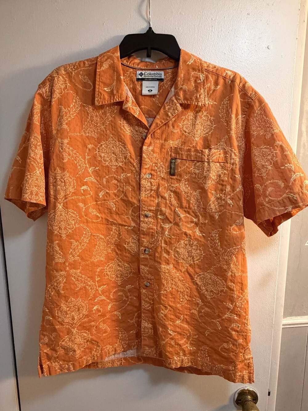 Columbia Men's Short Sleeve Button Down Shirt Orange Floral Pattern Tropical M